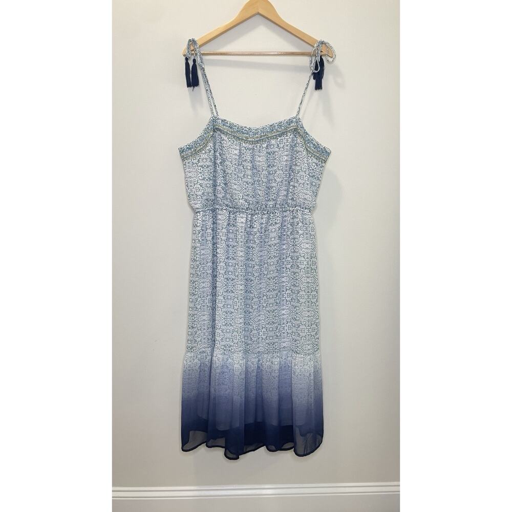 Knox Rose Boho Midi Dress Embroidered Cottage Tassel Tie Shoulder Blue Ombre XXL - Picture 3 of 12